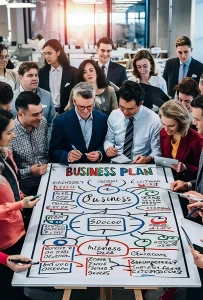 Employees making Business Plan poster