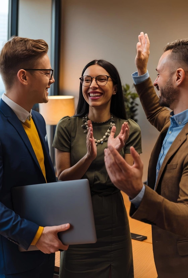 3 co-workers smiling with strong-communication