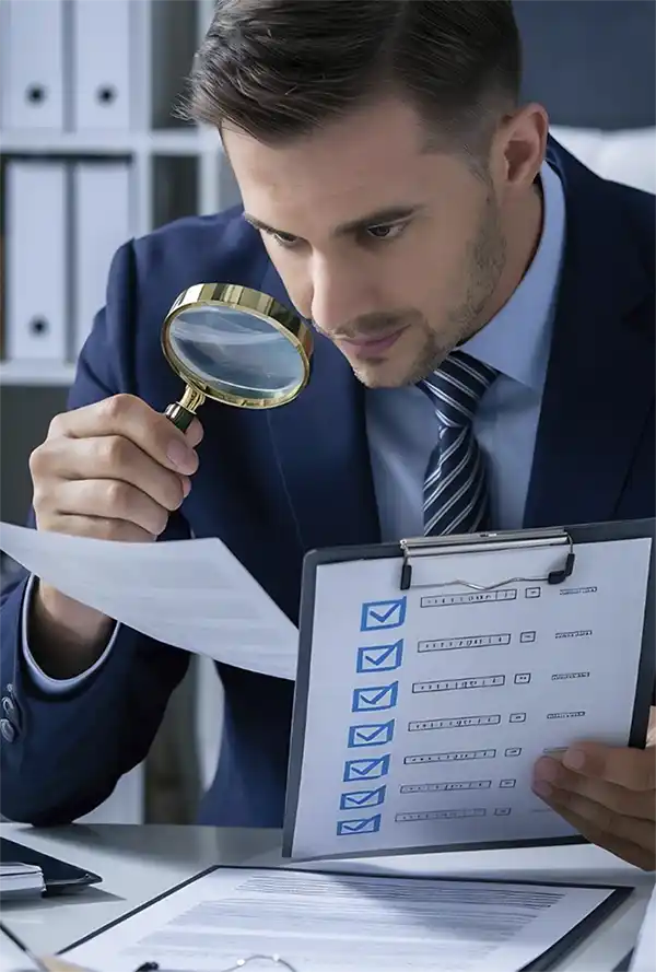 Man looking at data though magnifying glass